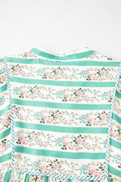 Striped Floral Print Tie Neck Puff Sleeve Midi Dress - adritiX
