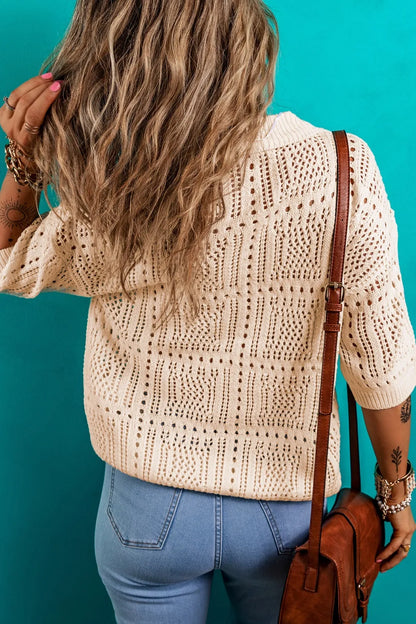Openwork Johnny Collar Half Sleeve Knit Top - adritiX