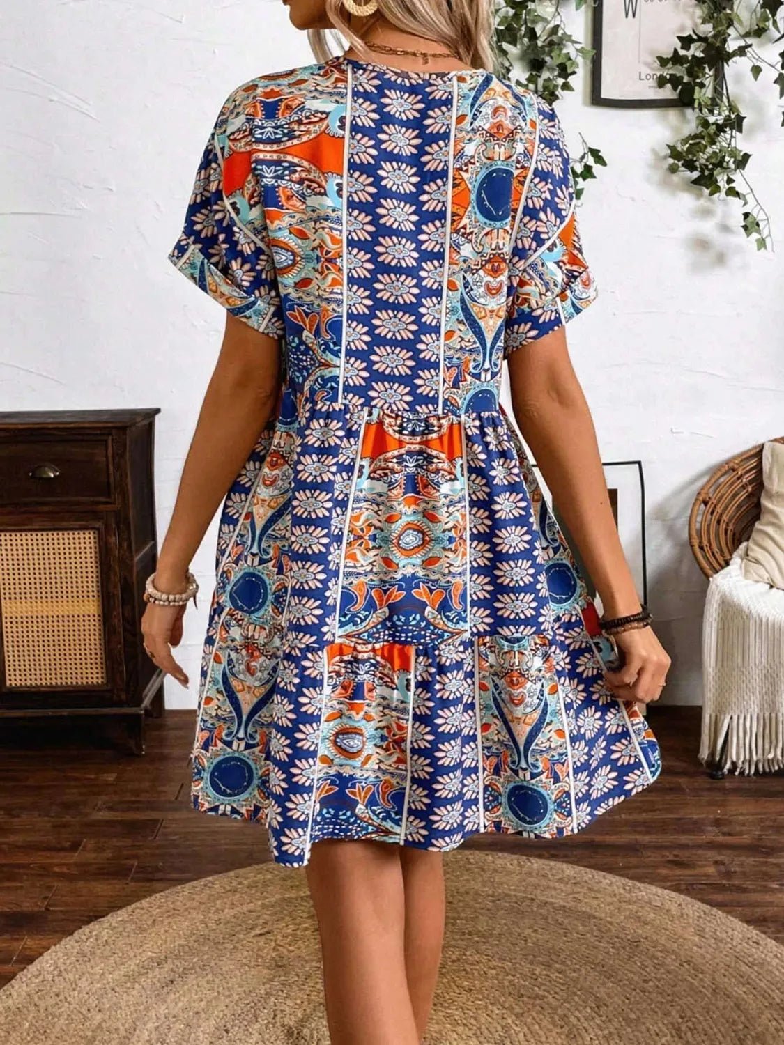 Printed V-Neck Short Sleeve Dress - adritiX