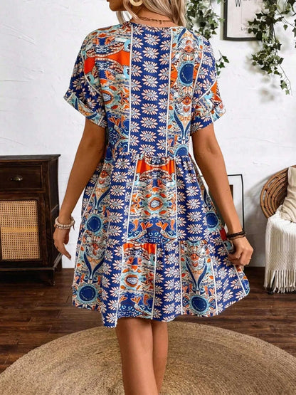 Printed V-Neck Short Sleeve Dress - adritiX