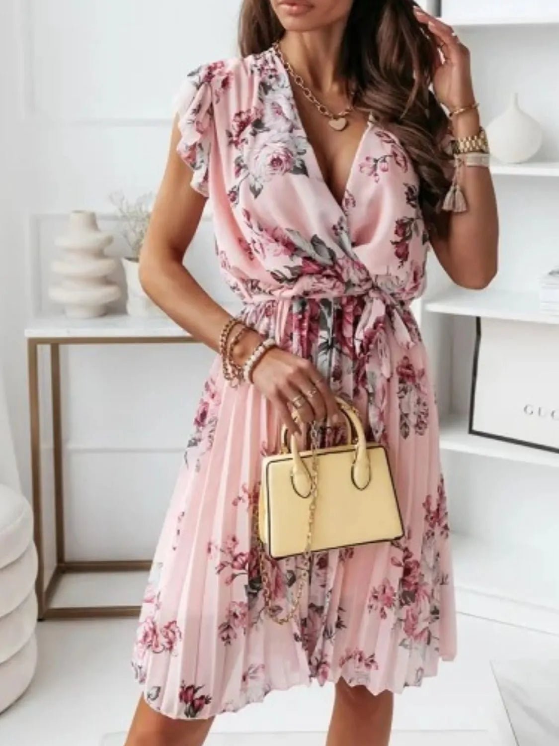 Floral Surplice Ruffled Cap Sleeve Dress - adritiX