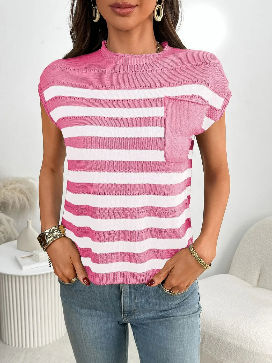 Striped Mock Neck Cap Sleeve Knit Top - adritiX