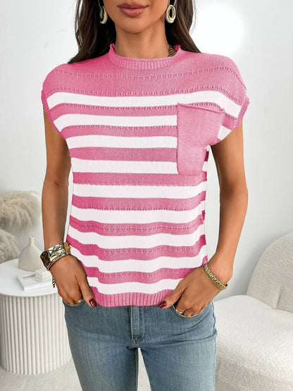 Striped Mock Neck Cap Sleeve Knit Top - adritiX