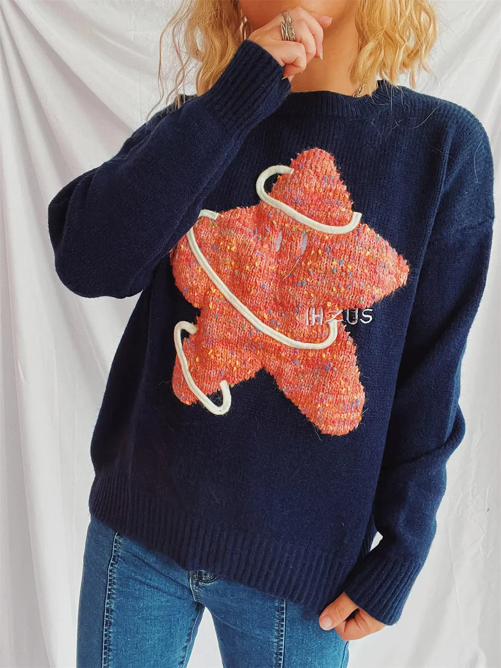 Contrast Star Round Neck Long Sleeve Sweater - adritiX