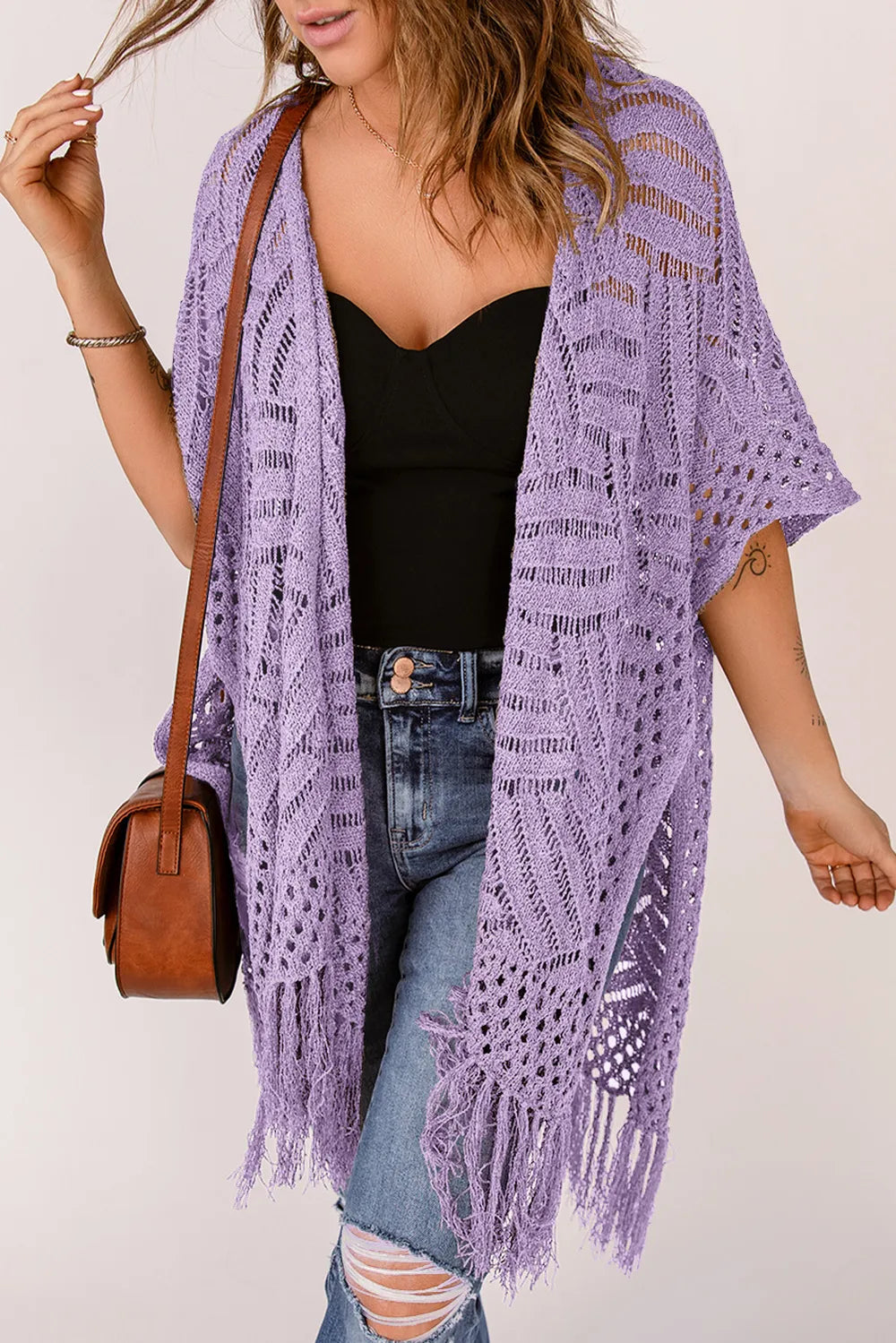 Openwork Open Front Cardigan with Fringes - adritiX