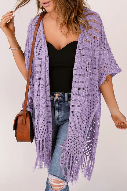Openwork Open Front Cardigan with Fringes - adritiX