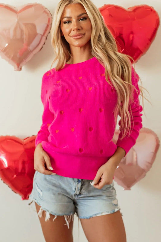 Heart Round Neck Long Sleeve Sweater - adritiX