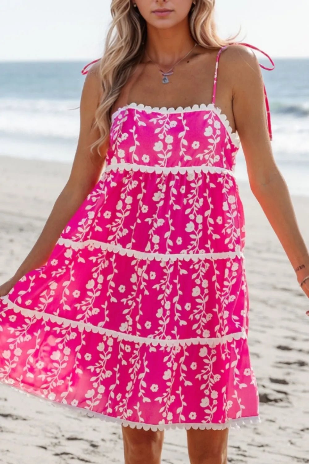 Floral Print Ric Rac Patched Sleeveless Mini Dress - adritiX