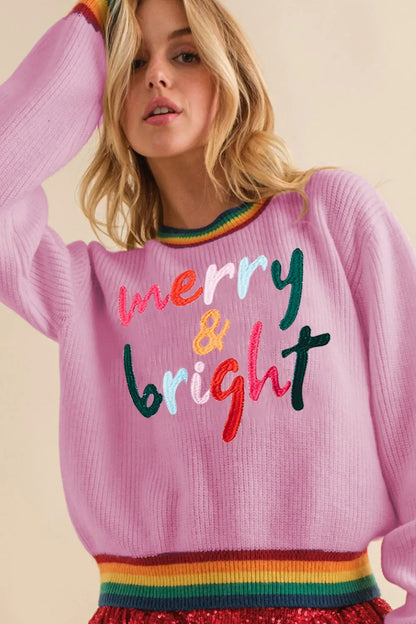 Elegant MERRY & BRIGHT Ribbed Round Neck Sweater - adritiX