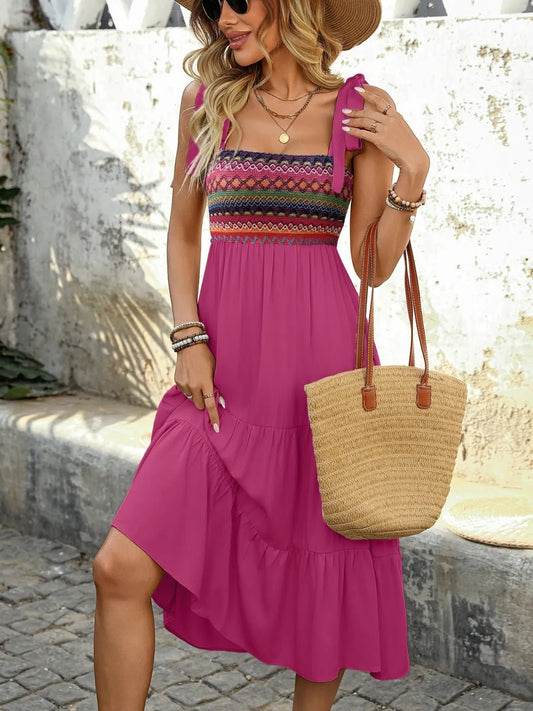 Tie Shoulder Tiered Midi Dress - adritiX