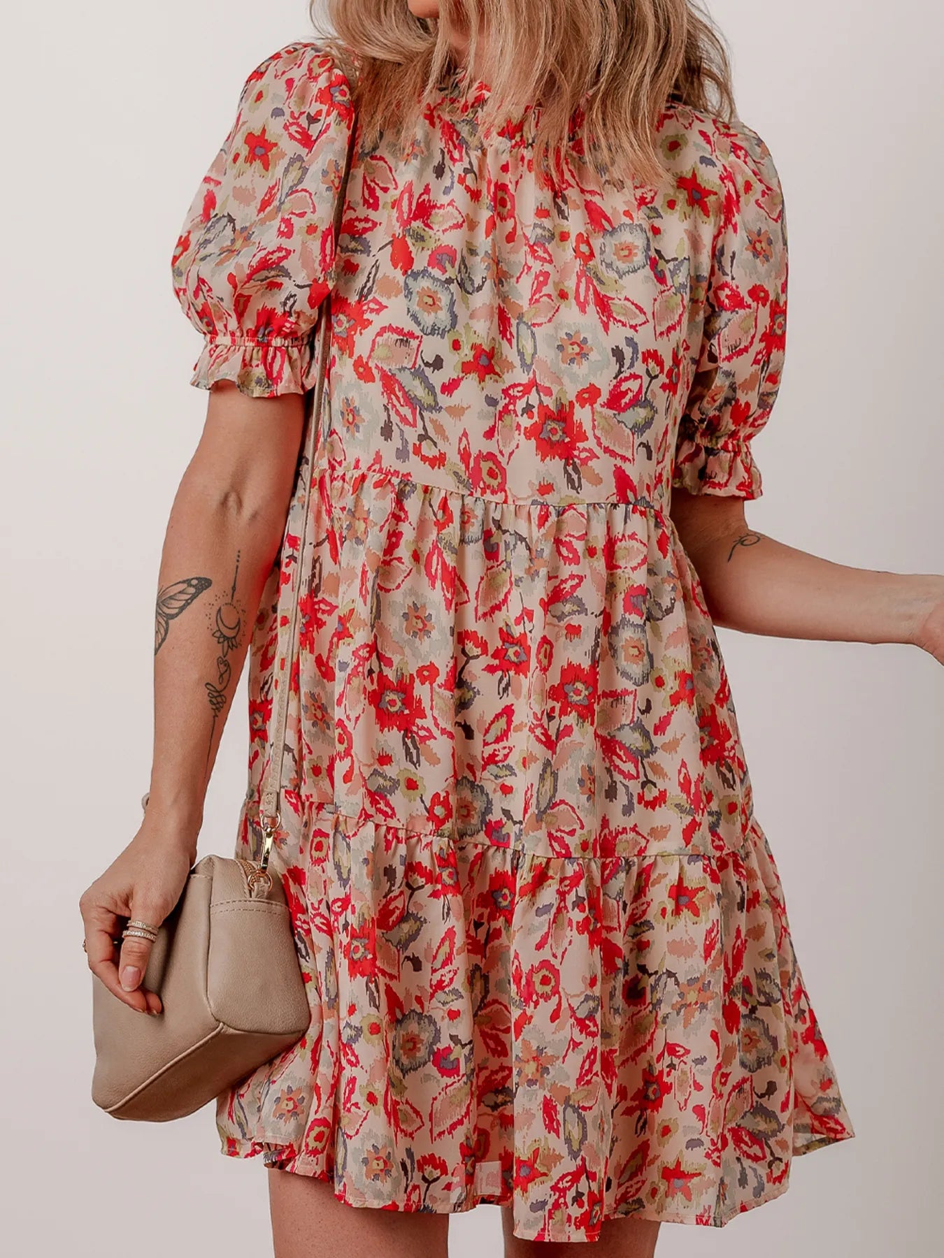 Floral Print Frilled Neck Puff Sleeve High Waist Dress - adritiX