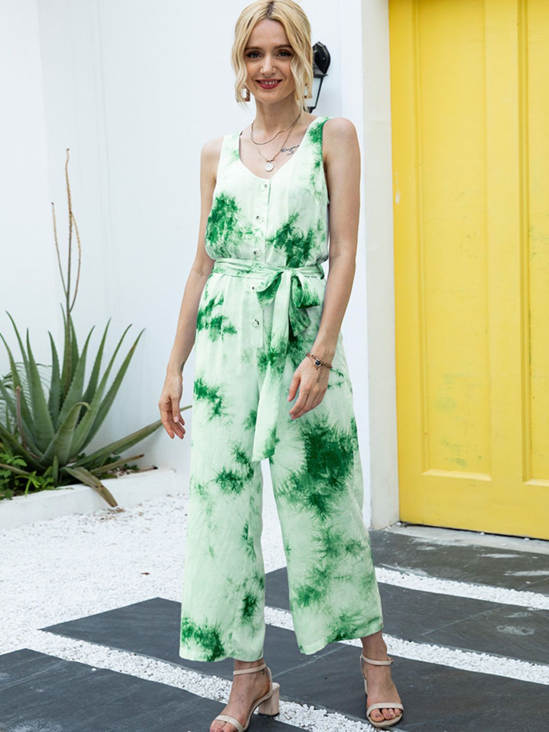Elegant Ivy Lane Tie-Dye Tie Waist Sleeveless Jumpsuit - adritiX