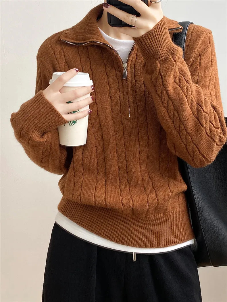 Cable-Knit Half Zip Long Sleeve Sweater - adritiX