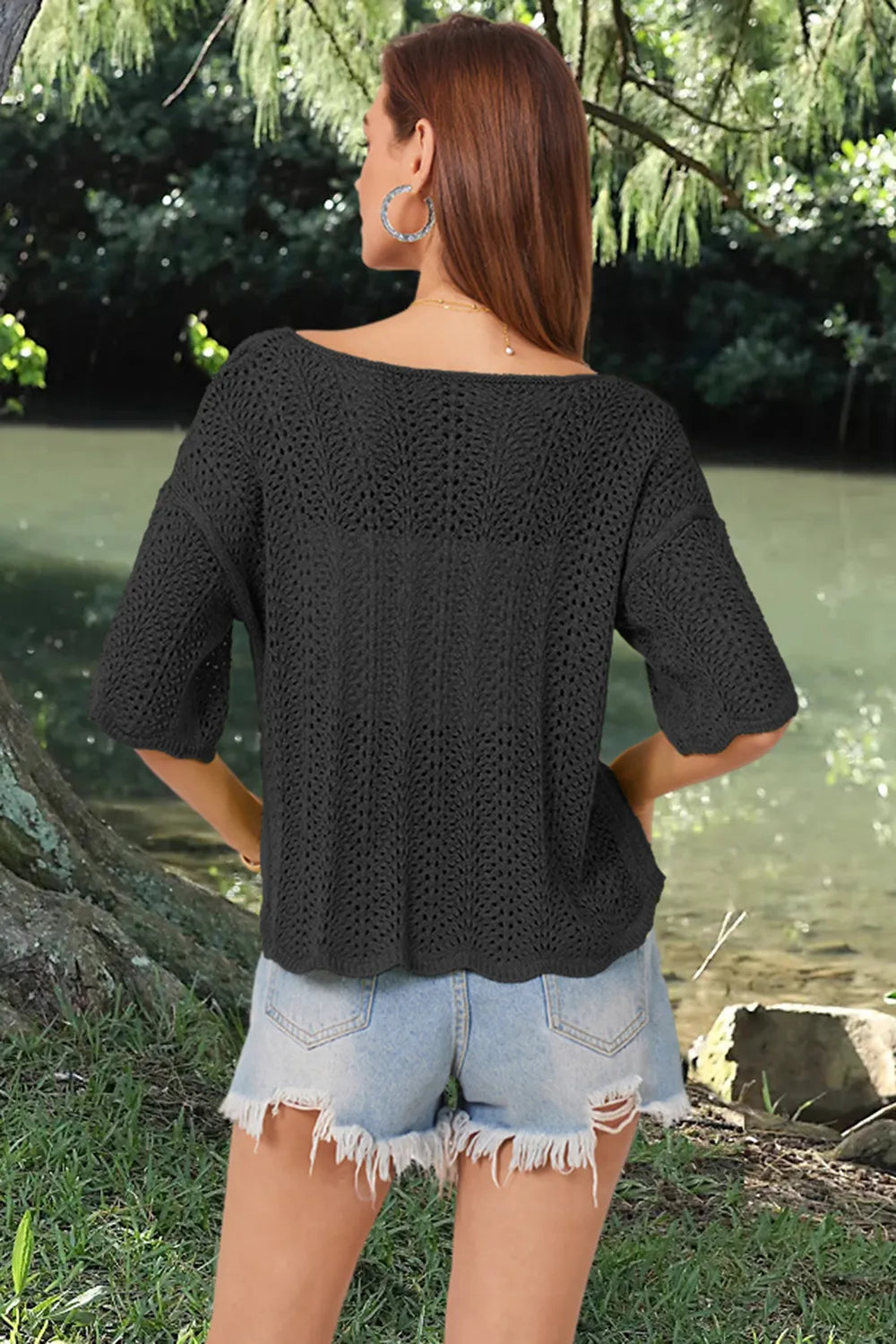 Openwork Round Neck Half Sleeve Knit Top - adritiX