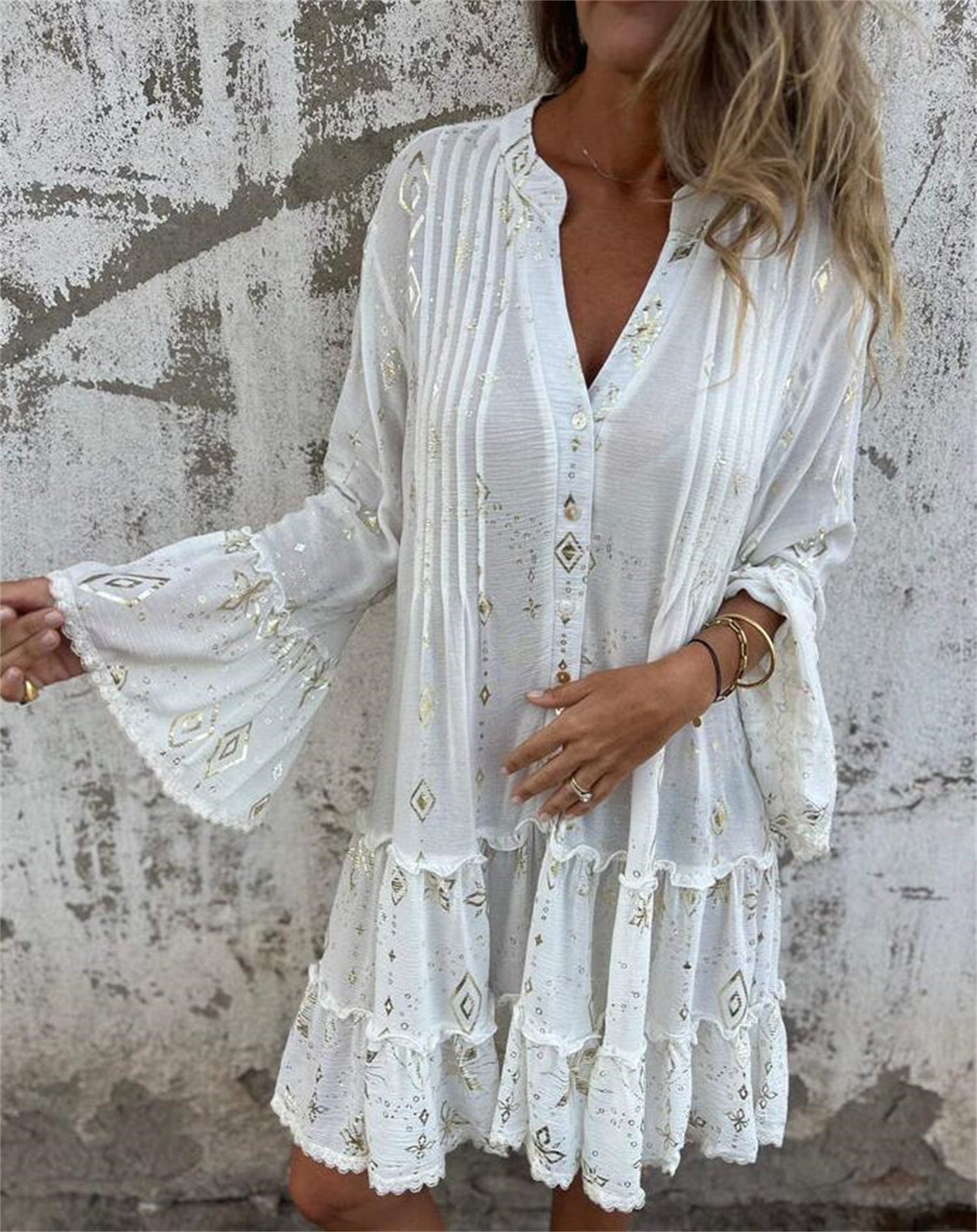 Elegant Bronzing Fashion Horn Lace Sleeve Hollow Dress - adritiX