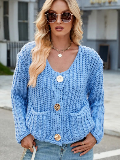 Round Neck Button Up Cardigan with Pockets - adritiX
