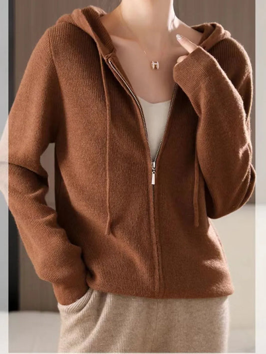 Drawstring Zip Up Long Sleeve Hooded Sweater - adritiX
