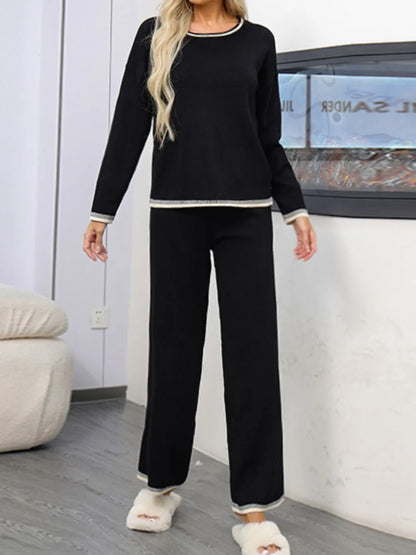 Elegant Contrast Trim Round Neck Top and Pants Sweater Set - adritiX