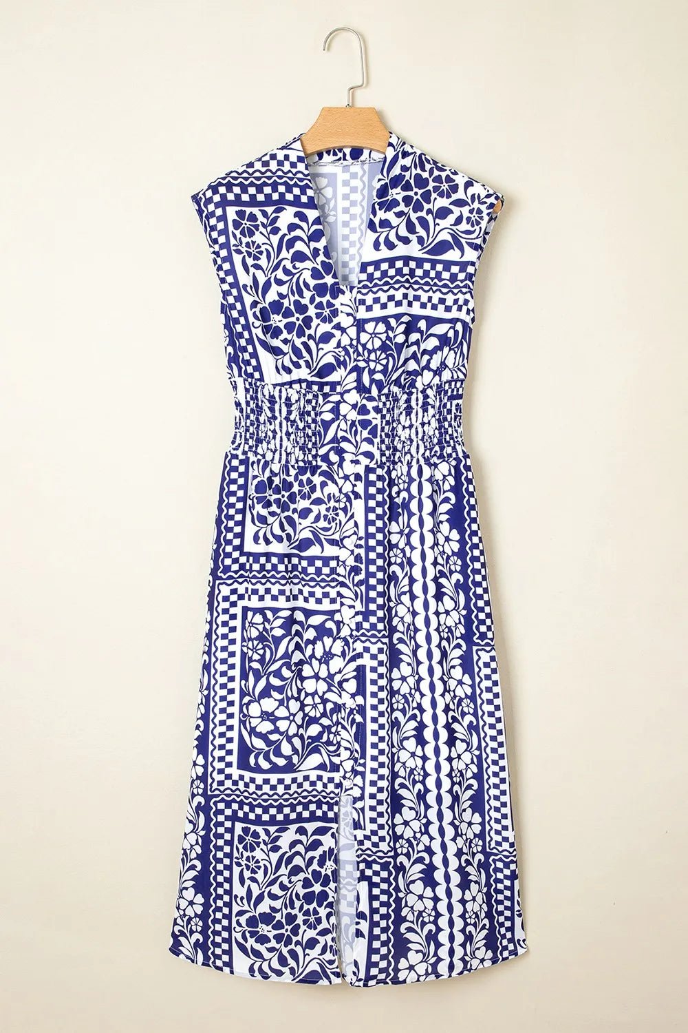 Shirred Waist V Neck Sleeveless Floral Print Midi Dress - adritiX