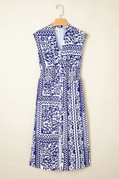 Shirred Waist V Neck Sleeveless Floral Print Midi Dress - adritiX