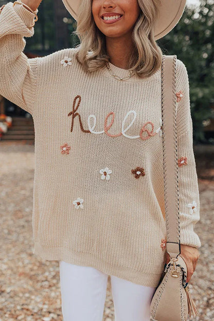 HELLO Flower Round Neck Long Sleeve Sweater - adritiX