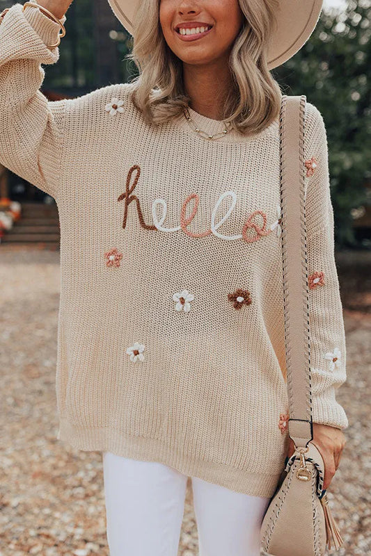 HELLO Flower Round Neck Long Sleeve Sweater - adritiX