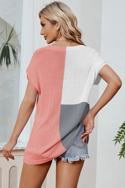 Color Block V-Neck Short Sleeve Knit Top - adritiX