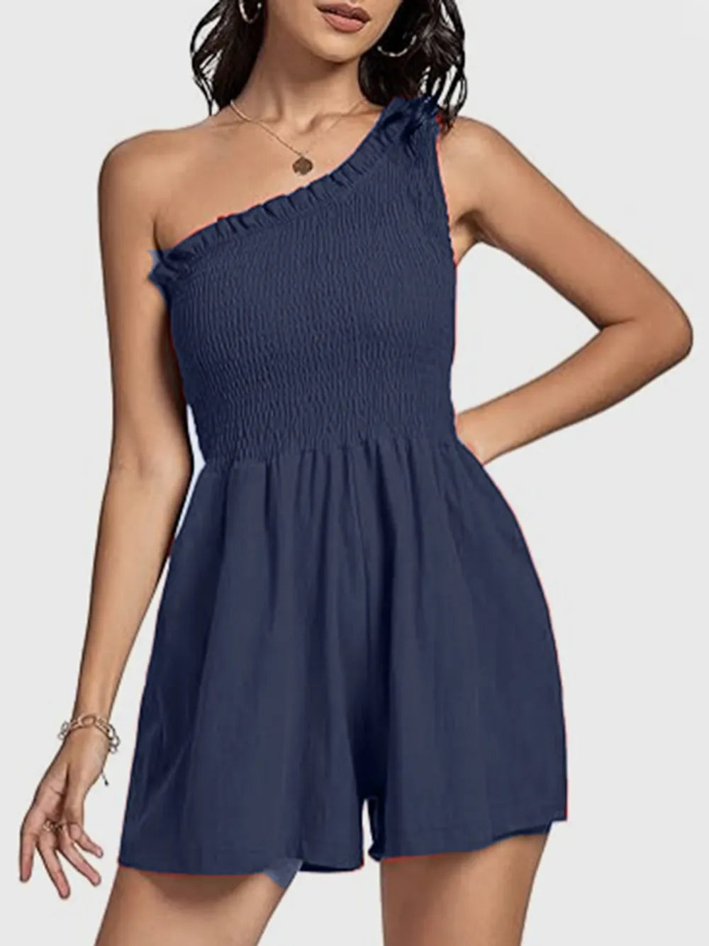 Elegant Smocked Single Shoulder Romper - adritiX