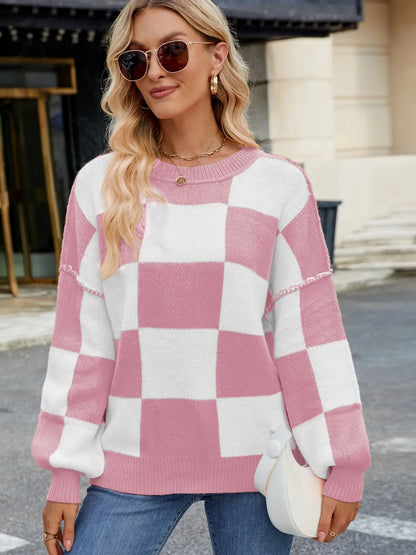 Checkered Round Neck Long Sleeve Sweater - adritiX