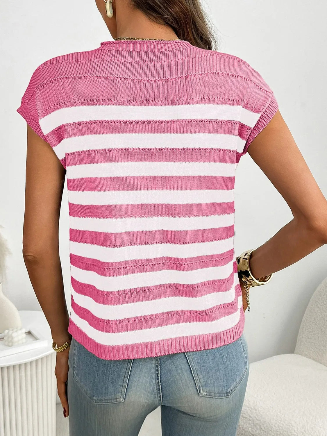 Striped Mock Neck Cap Sleeve Knit Top - adritiX