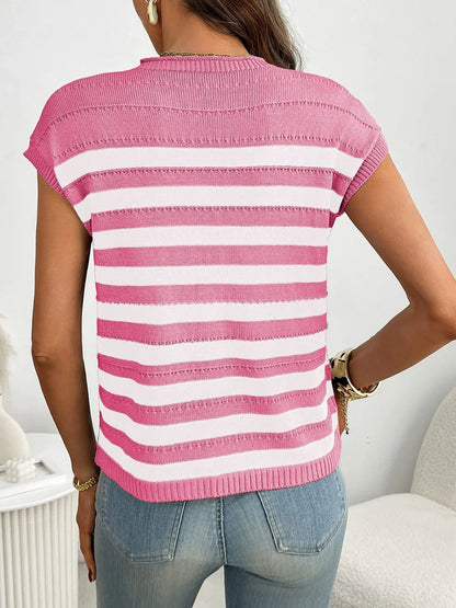 Striped Mock Neck Cap Sleeve Knit Top - adritiX