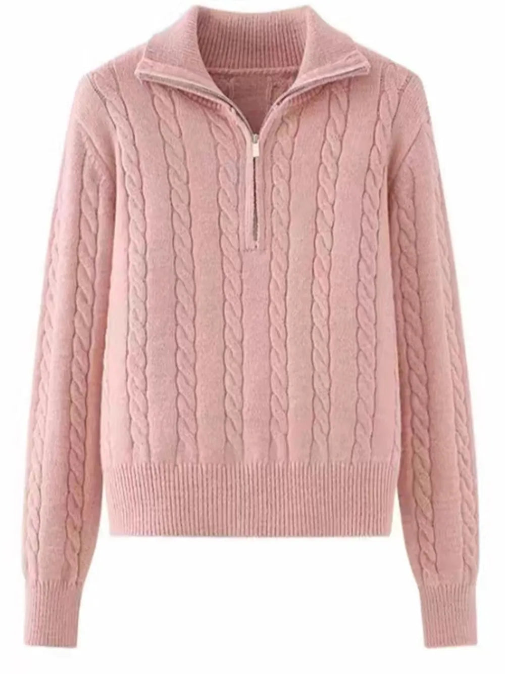 Cable-Knit Half Zip Long Sleeve Sweater - adritiX