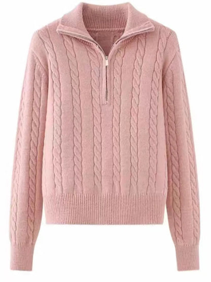Cable-Knit Half Zip Long Sleeve Sweater - adritiX