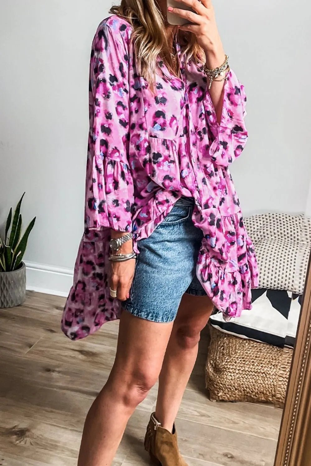 Leopard Print Buttoned Front 3/4 Sleeve Tiered Ruffled Hem Dress - adritiX
