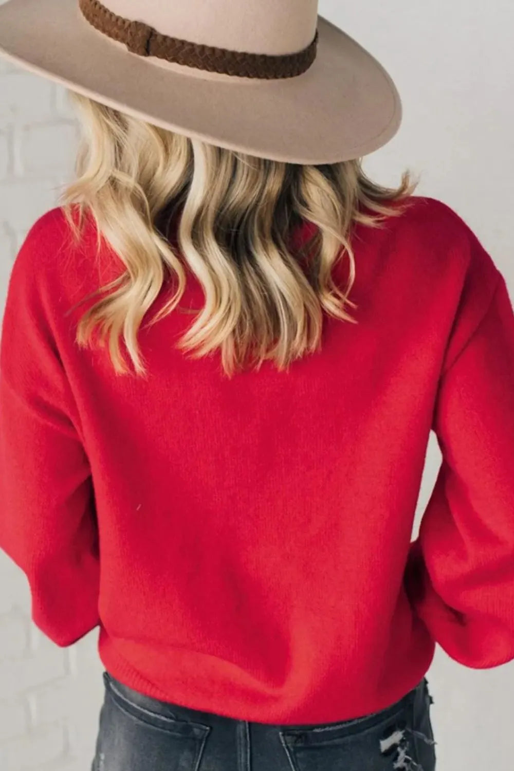 Letter Pearl Detail Round Neck Long Sleeve Sweater - adritiX