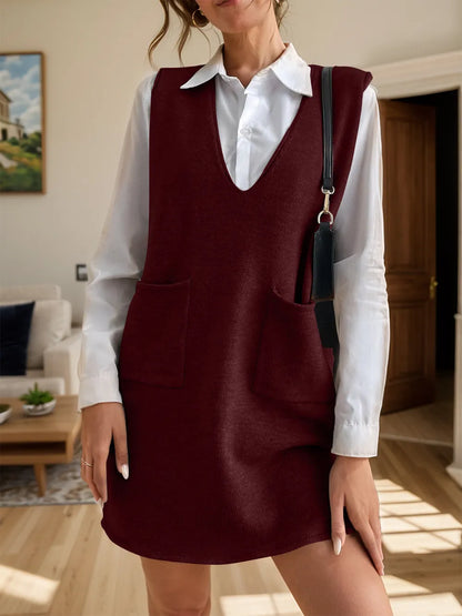 V-Neck Sleeveless Sweater Dress with Pockets - adritiX