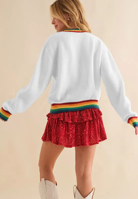 Elegant MERRY & BRIGHT Ribbed Round Neck Sweater - adritiX