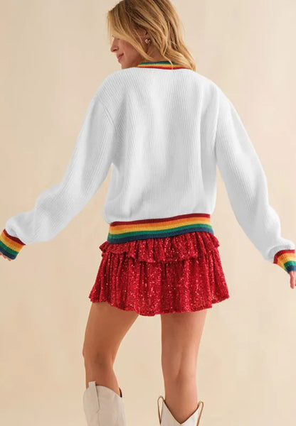 Elegant MERRY & BRIGHT Ribbed Round Neck Sweater - adritiX