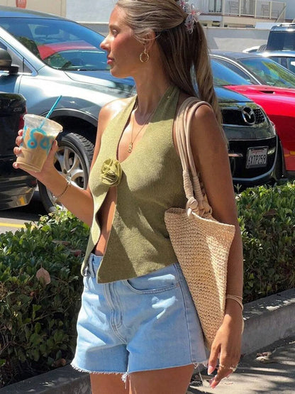 V-Neck Ribbed Knit Sweater Vest with Flower Detail - adritiX
