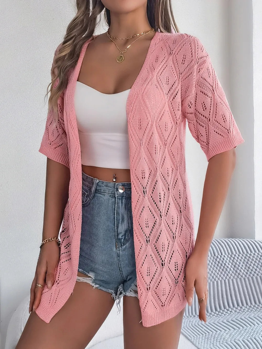 Openwork Open Front Half Sleeve Cardigan - adritiX