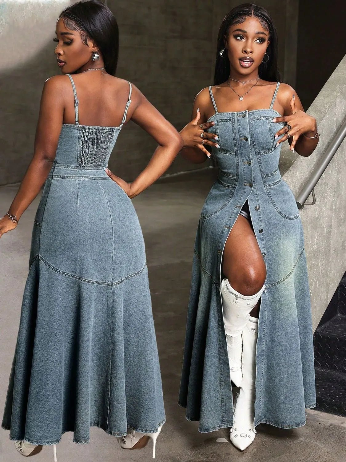 Smocked Button Front Denim Cami Dress - adritiX