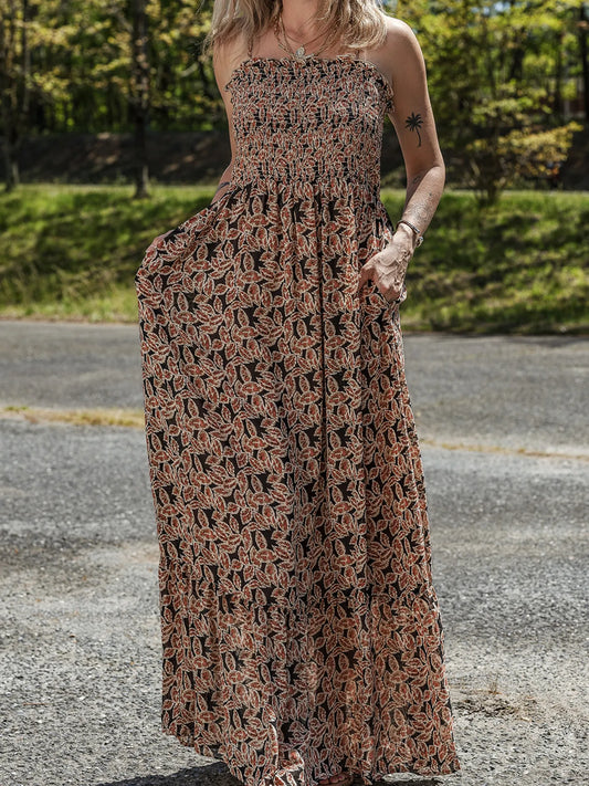 Printed Smocked Bodice Maxi Dress - adritiX