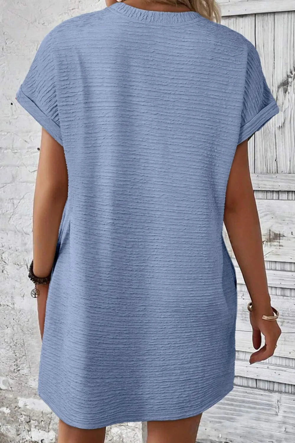 Solid Color Textured Crinkle Short Sleeve T Shirt Dress - adritiX