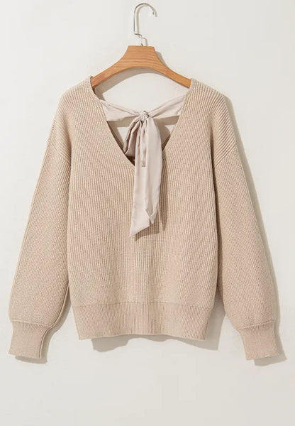 Tied Back V-Neck Long Sleeve Sweater - adritiX