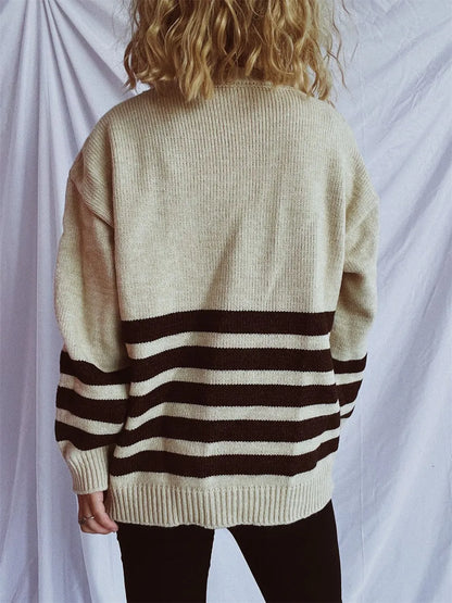 Striped Dropped Shoulder Long Sleeve Sweater - adritiX