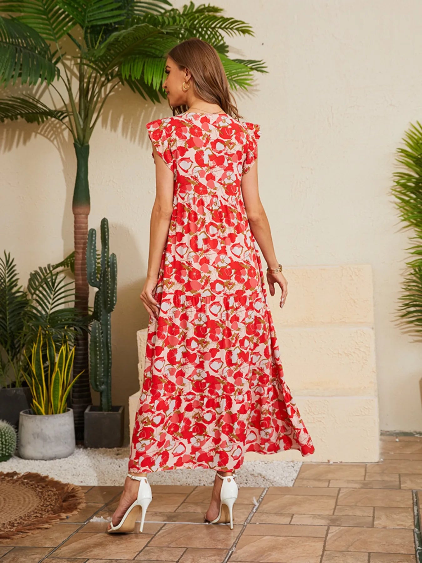 Floral V-Neck Cap Sleeve Summer Dress - adritiX