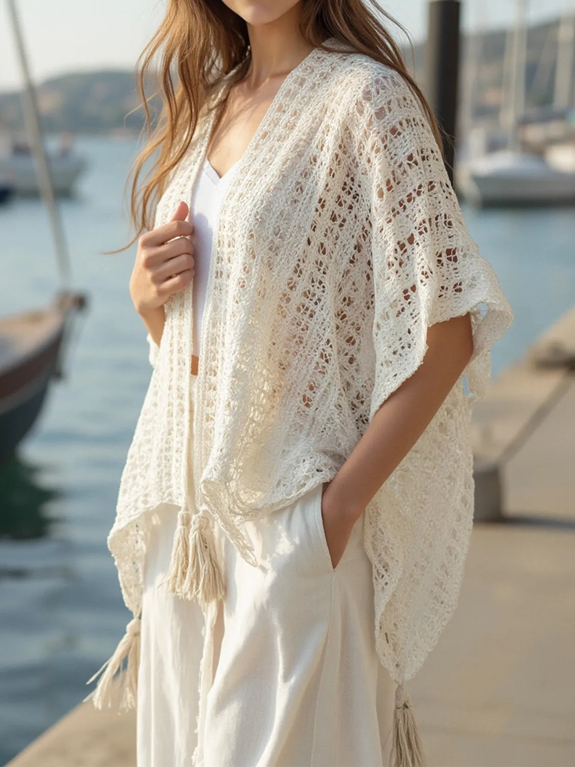Elegant Openwork Tassel Open Front Knit Cover Up - adritiX