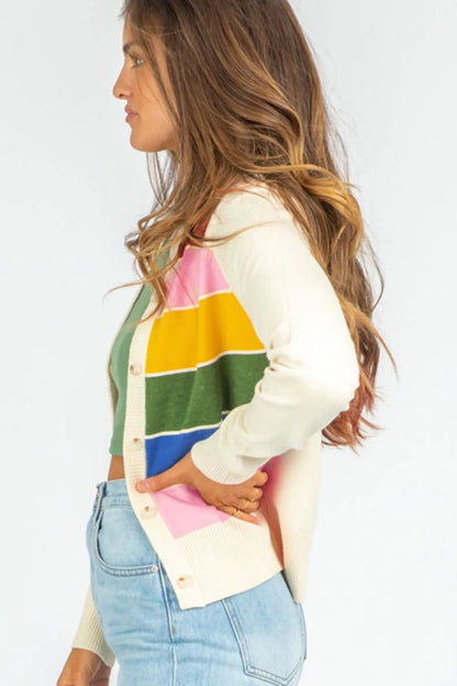 Contrast Button Down Long Sleeve Cardigan - adritiX
