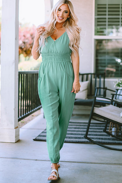 Elegant Spaghetti Strap V-Neck Jumpsuit with Pockets - adritiX