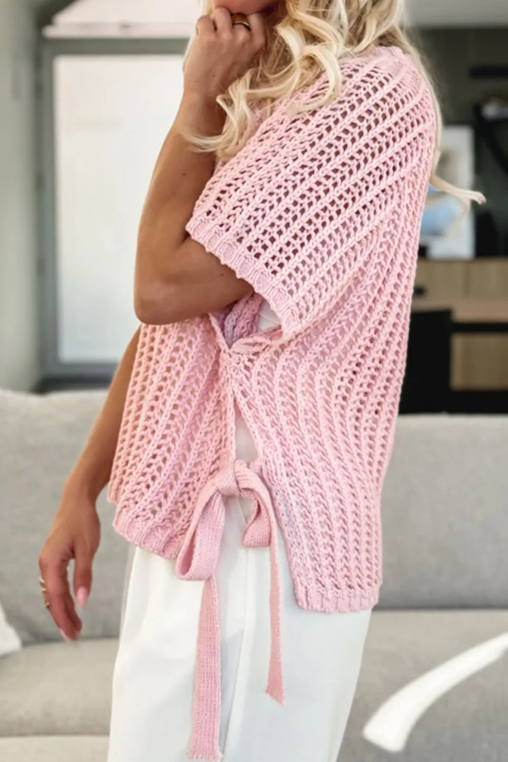 Hollow-out Crochet Side Tied Short Sleeve Knit Cover Up - adritiX
